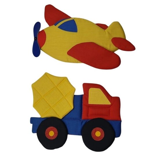 Vintage 1985 Wooltex Mimi Miller Plush Nursery Wall Art Airplane Dump Truck - Picture 1 of 10